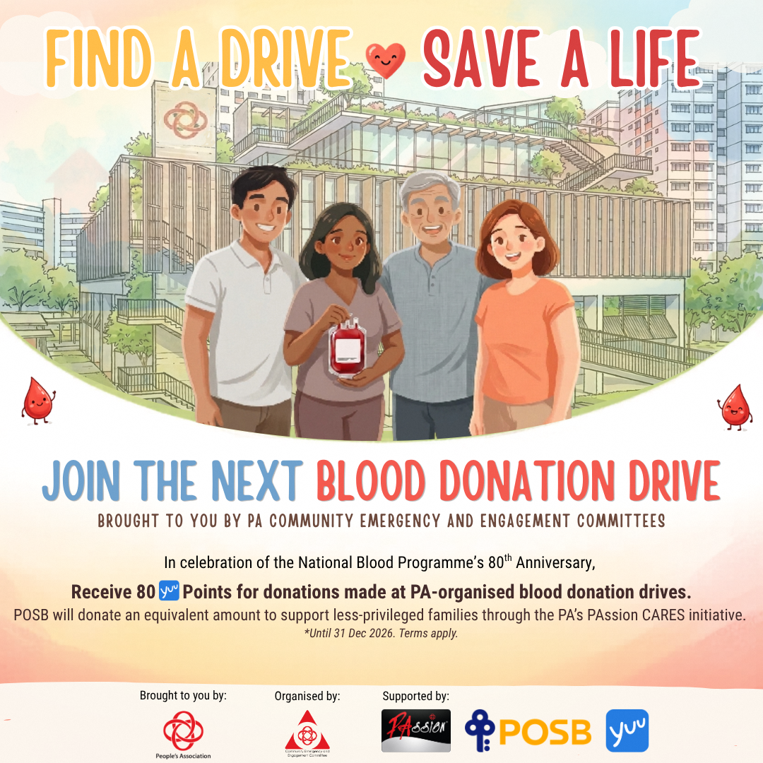 A colorful illustrated poster promoting community blood donation drives.